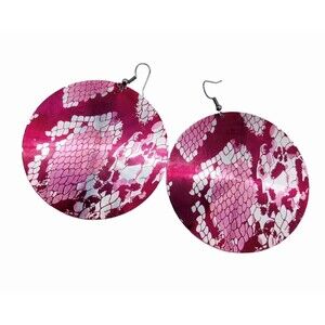 Big Circle Round Purple Silver Earrings Snake Print Pierced Hook Costume Jewelry